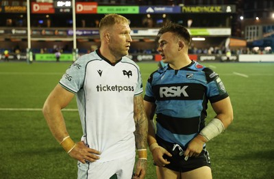 240426 - Cardiff Rugby v Ospreys - United Rugby Championship - Ross Moriaty of Ospreys and Taine Basham of Cardiff Rugby