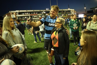 240426 - Cardiff Rugby v Ospreys - United Rugby Championship - Josh McNally of Cardiff Rugby with fans at full time