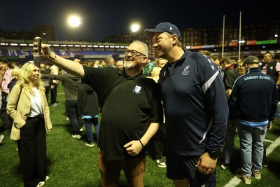 240426 - Cardiff Rugby v Ospreys - United Rugby Championship - Cardiff head coach, Corniel Van Zyl with fans at full time