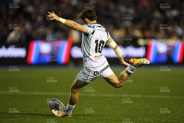 240426 - Cardiff Rugby v Ospreys - United Rugby Championship - Dan Edwards of Ospreys kicks the conversion