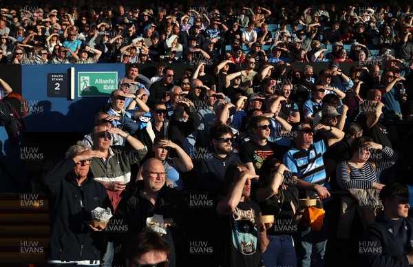 240426 - Cardiff Rugby v Ospreys - United Rugby Championship - Fans watch the game in the sun