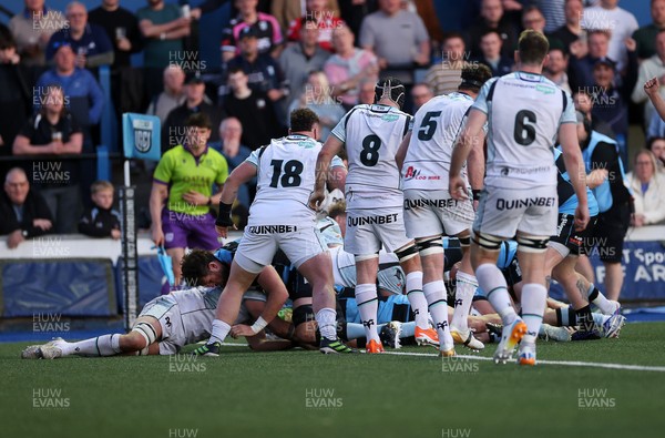 240426 - Cardiff Rugby v Ospreys - United Rugby Championship - Cardiff push over to score a try