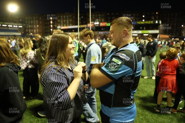 240426 - Cardiff Rugby v Ospreys - United Rugby Championship - Danny Southworth of Cardiff Rugby with fans at full time
