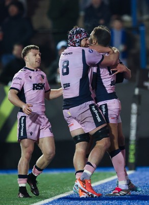 100126 - Cardiff Rugby v Racing 92, EPCR Challenge Cup - Ben Thomas of Cardiff Rugby celebrates with team mates after he runs in to score try