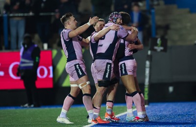 100126 - Cardiff Rugby v Racing 92, EPCR Challenge Cup - Ben Thomas of Cardiff Rugby celebrates with team mates after he runs in to score try