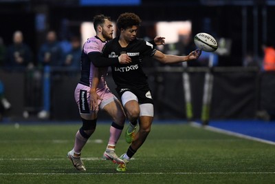 100126 - Cardiff Rugby v Racing 92 - EPCR Challenge Cup - Nolann Donguy of Racing 92 is challenged by Iwan Stephens of Cardiff Rugby