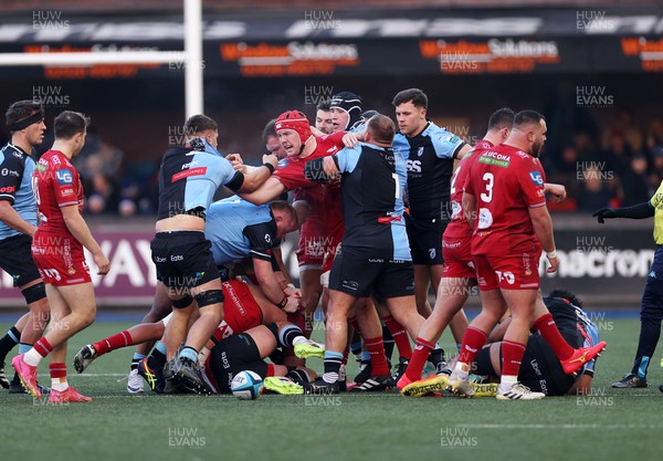 021223 - Cardiff Rugby v Scarlets - United Rugby Championship - Tensions boil over after Ellis Jenkins of Cardiff tackles Dan Davis of Scarlets 
