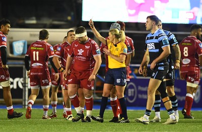 070123 - Cardiff v Scarlets - United Rugby Championship - Steff Thomas of Scarlets is shown a yellow card by Referee Joy Neville