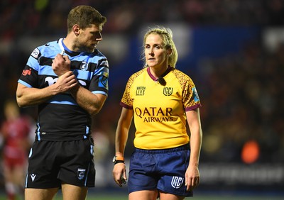 070123 - Cardiff v Scarlets - United Rugby Championship - Rhys Priestland of Cardiff and Referee Joy Neville