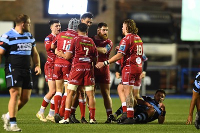 070123 - Cardiff v Scarlets - United Rugby Championship - Scarlets players celebrate