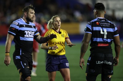 070123 - Cardiff Rugby v Scarlets - United Rugby Championship - Lopeti Timani of Cardiff is given a yellow card by Referee Joy Neville 