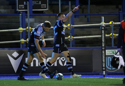 070123 - Cardiff Rugby v Scarlets - United Rugby Championship - Josh Adams of Cardiff celebrates scoring a try