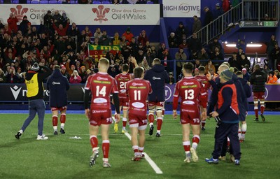 070123 - Cardiff Rugby v Scarlets - United Rugby Championship - Scarlets fans celebrate with the team at full time