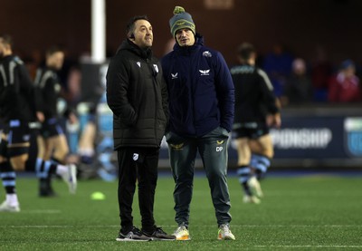 070123 - Cardiff Rugby v Scarlets - United Rugby Championship - Ospreys Coach Matt Sherratt with Scarlets Head Coach Dwayne Peel 