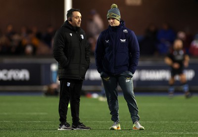 070123 - Cardiff Rugby v Scarlets - United Rugby Championship - Ospreys Coach Matt Sherratt with Scarlets Head Coach Dwayne Peel 