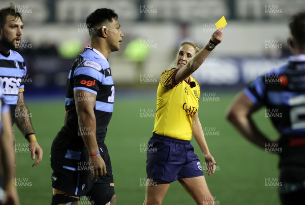 070123 - Cardiff Rugby v Scarlets - United Rugby Championship - Lopeti Timani of Cardiff is given a yellow card by Referee Joy Neville 