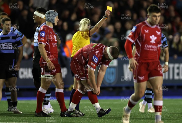 070123 - Cardiff Rugby v Scarlets - United Rugby Championship - Steff Thomas of Scarlets is given a yellow card by Referee Joy Neville