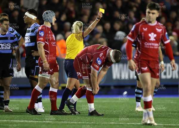 070123 - Cardiff Rugby v Scarlets - United Rugby Championship - Steff Thomas of Scarlets is given a yellow card by Referee Joy Neville