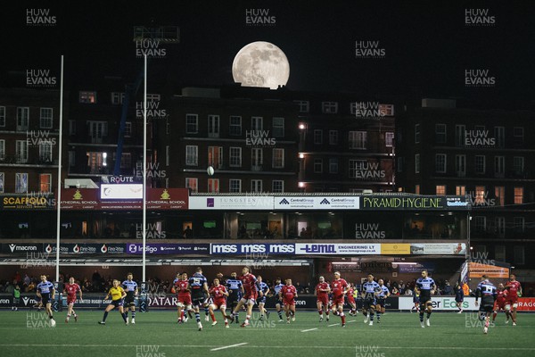 070123 - Cardiff Rugby v Scarlets - United Rugby Championship - The moon rises over the Cardiff Arms Park