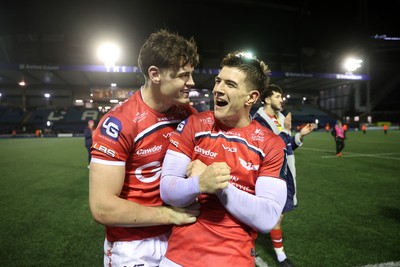 191225 - Cardiff Rugby v Scarlets - United Rugby Championship - Eddie James and Joe Hawkins of Scarlets at full time