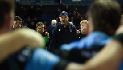 191225 - Cardiff Rugby v Scarlets, United Rugby Championship - Cardiff Rugby head coach Corniel van Zyl speaks to the players at the end of the match