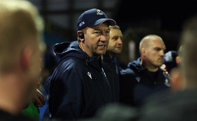 191225 - Cardiff Rugby v Scarlets, United Rugby Championship - Cardiff Rugby head coach Corniel van Zyl speaks to the players at the end of the match