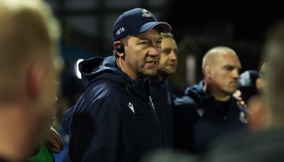 191225 - Cardiff Rugby v Scarlets, United Rugby Championship - Cardiff Rugby head coach Corniel van Zyl speaks to the players at the end of the match