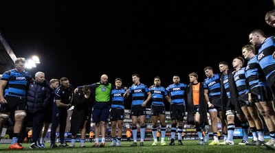 191225 - Cardiff Rugby v Scarlets, United Rugby Championship - Cardiff huddle up at the end of the match