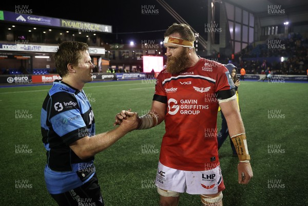 191225 - Cardiff Rugby v Scarlets - United Rugby Championship - Dan Thomas of Cardiff and Jake Ball of Scarlets at full time