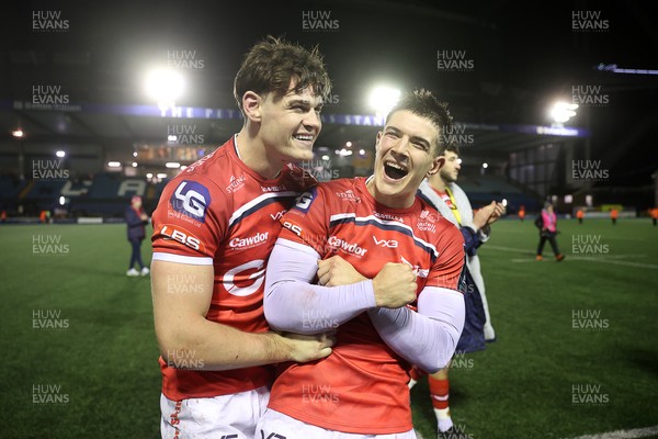 191225 - Cardiff Rugby v Scarlets - United Rugby Championship - Eddie James and Joe Hawkins of Scarlets at full time