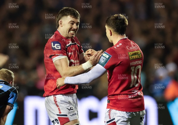 191225 - Cardiff Rugby v Scarlets, United Rugby Championship - Max Douglas of Scarlets and Joe Hawkins of Scarlets celebrate at the end of the match