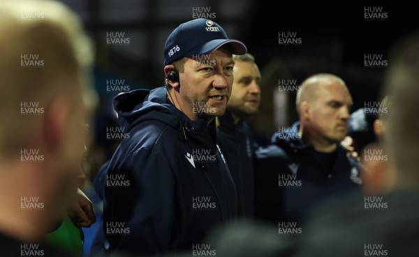 191225 - Cardiff Rugby v Scarlets, United Rugby Championship - Cardiff Rugby head coach Corniel van Zyl speaks to the players at the end of the match