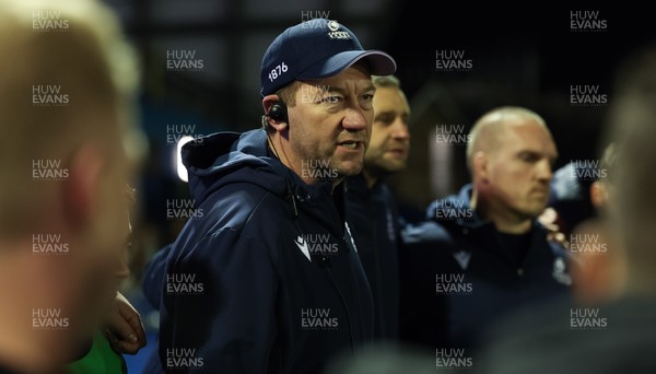 191225 - Cardiff Rugby v Scarlets, United Rugby Championship - Cardiff Rugby head coach Corniel van Zyl speaks to the players at the end of the match