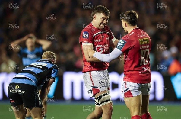 191225 - Cardiff Rugby v Scarlets, United Rugby Championship - Max Douglas of Scarlets and Joe Hawkins of Scarlets celebrate at the end of the match