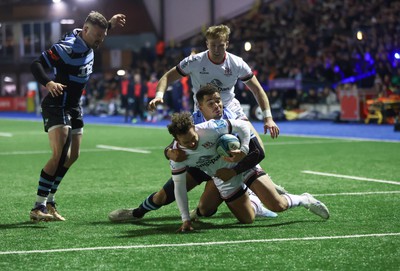 040323 - Cardiff Rugby v Ulster, BKT United Rugby Championship - Billy Burns of Ulster powers over to score try