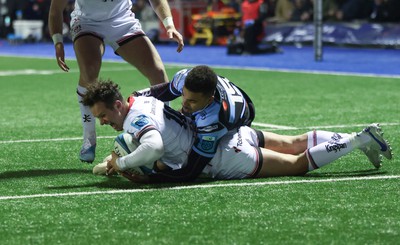 040323 - Cardiff Rugby v Ulster, BKT United Rugby Championship - Billy Burns of Ulster powers over to score try