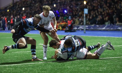 040323 - Cardiff Rugby v Ulster, BKT United Rugby Championship - Billy Burns of Ulster powers over to score try