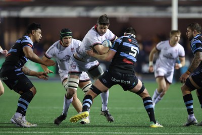 040323 - Cardiff Rugby v Ulster, BKT United Rugby Championship - Sam Carter of Ulster takes on Seb Davies of Cardiff Rugby