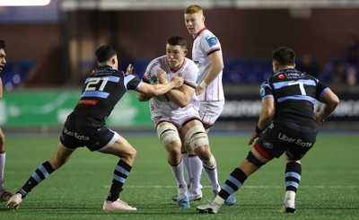 040323 - Cardiff Rugby v Ulster, BKT United Rugby Championship - Dave McCann of Ulster takes on Ellis Bevan of Cardiff Rugby