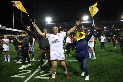 040323 - Cardiff Rugby v Ulster, BKT United Rugby Championship - Jeff Toomaga-Allen of Ulster celebrates with fans at the end of the match