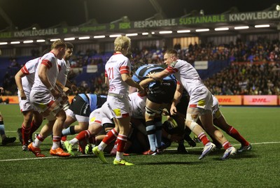 131225 - Cardiff Rugby v Ulster - United Rugby Championship - Dan Thomas of Cardiff pushes over the line to score a try