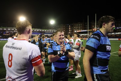 131225 - Cardiff Rugby v Ulster - United Rugby Championship - Evan Lloyd of Cardiff celebrates at full time