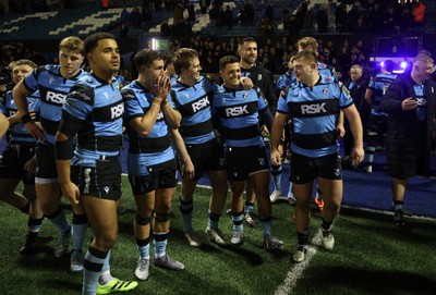 131225 - Cardiff Rugby v Ulster - United Rugby Championship - Callum Sheedy of Cardiff celebrates at full time with team mates