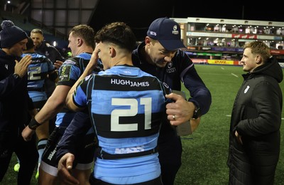 131225 - Cardiff Rugby v Ulster - United Rugby Championship - Ellis Bevan and Cardiff Rugby Head Coach Corniel Van Zyl at full time