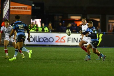 131225 - Cardiff Rugby v Ulster - EPCR Challenge Cup - Callum Sheedy of Cardiff spreads the ball wide 