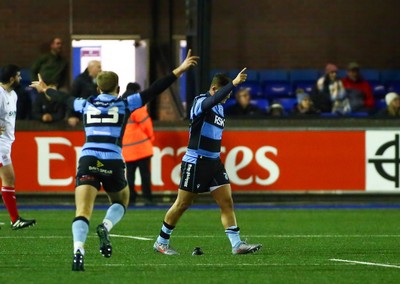 131225 - Cardiff Rugby v Ulster - EPCR Challenge Cup - Callum Sheedy of Cardiff wins the game with the final kick of the game