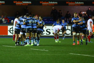 131225 - Cardiff Rugby v Ulster - EPCR Challenge Cup - Callum Sheedy of Cardiff celebrates with team mates as he wins the match with the final kick of the game