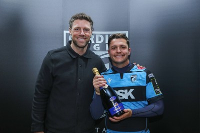 131225 - Cardiff Rugby v Ulster - EPCR Challenge Cup - Pommery Player of the Match Callum Sheedy of Cardiff receives his award from Rhys Preistland