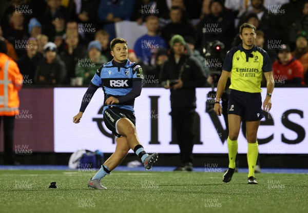 131225 - Cardiff Rugby v Ulster - United Rugby Championship - Callum Sheedy of Cardiff kicks the match winning penalty
