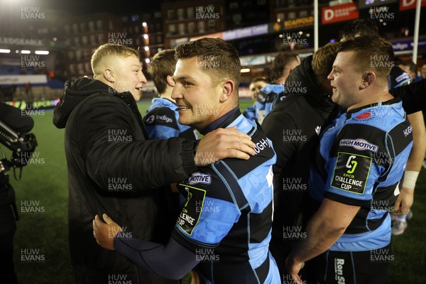 131225 - Cardiff Rugby v Ulster - United Rugby Championship - Callum Sheedy of Cardiff celebrates at full time